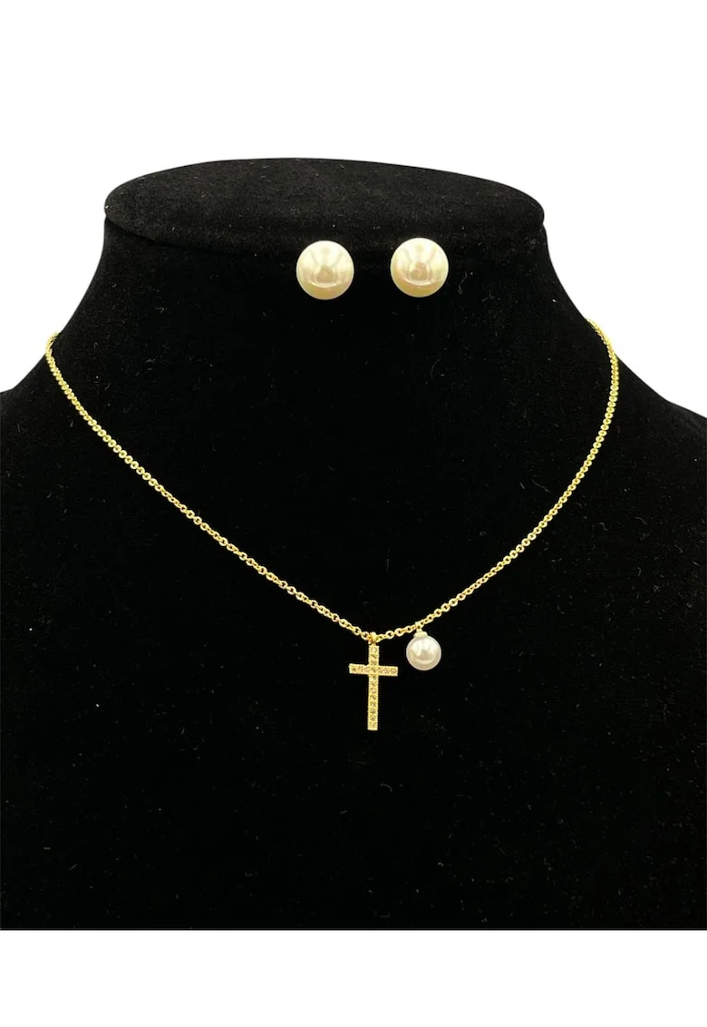 Set cercei si colier  imitatie de perle, placat cu aur galben 14K, pandantiv cruciulita, lungime clasica