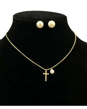 Set cercei si colier  imitatie de perle, placat cu aur galben 14K, pandantiv cruciulita, lungime clasica