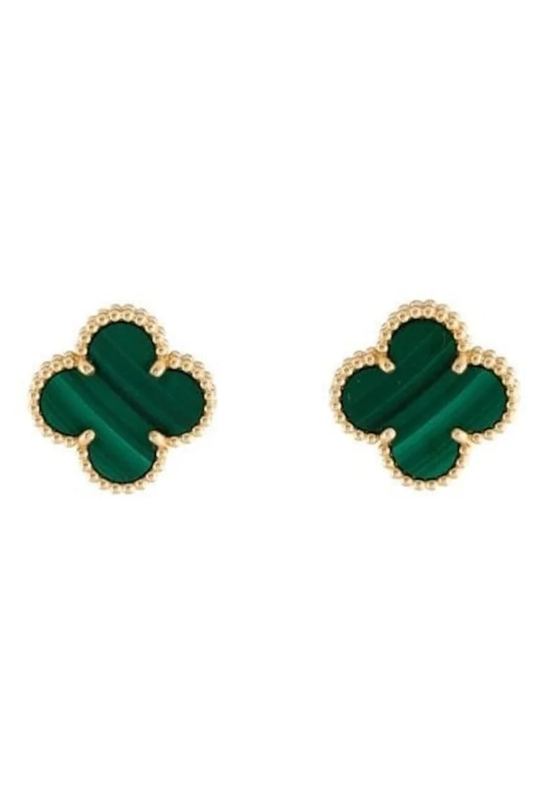 Cercei  Alhambra cu piatra semipretioasa verde, placat cu aur 14K, dimensiune piatra 1, 5 cm