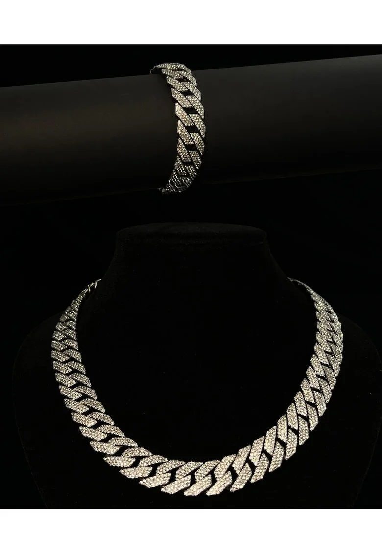 Set Colier si Bratara Cuban Diamond,  14K aur alb, dimensiuni 50x20cm, cristale Zirconia