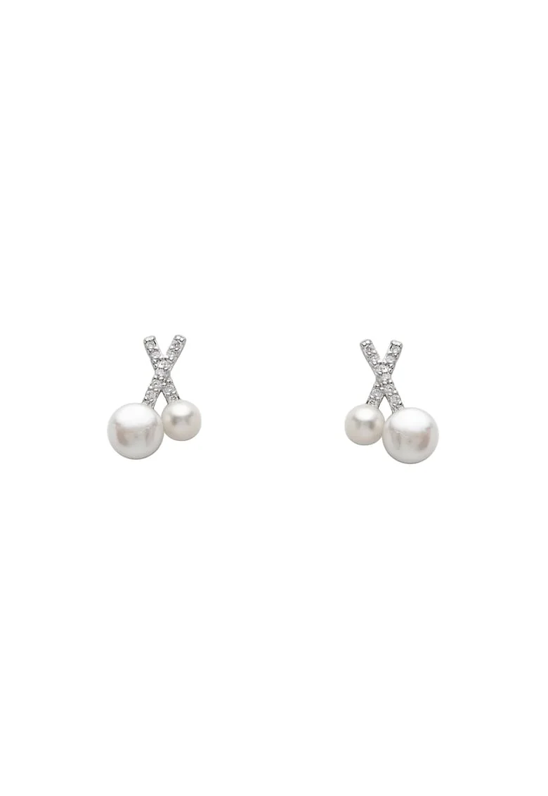 Cercei argint 925 rodiat cu perle de cultura si cristale Zirconia, design elegant, miniatural