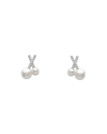 Cercei argint 925 rodiat cu perle de cultura si cristale Zirconia, design elegant, miniatural