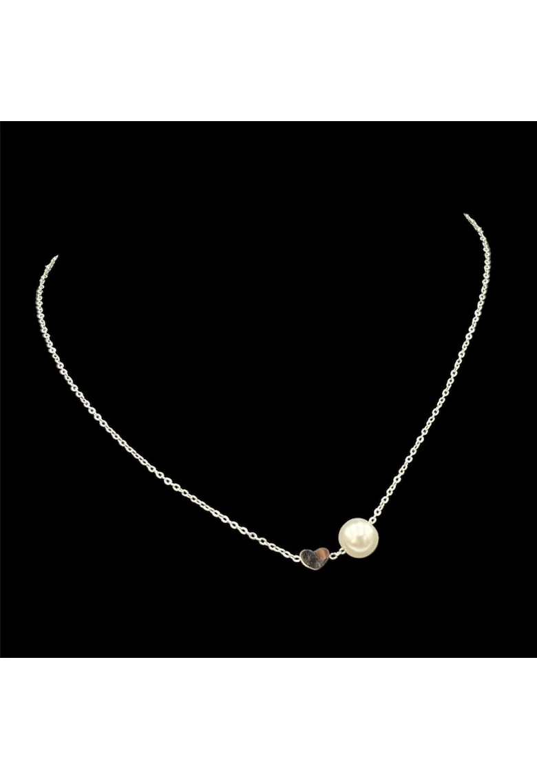 Colier Argintiu  Heart + Pearl, lungime 40cm + 5cm, aliaj metalic