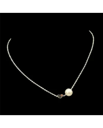 Colier Argintiu  Heart + Pearl, lungime 40cm + 5cm, aliaj metalic