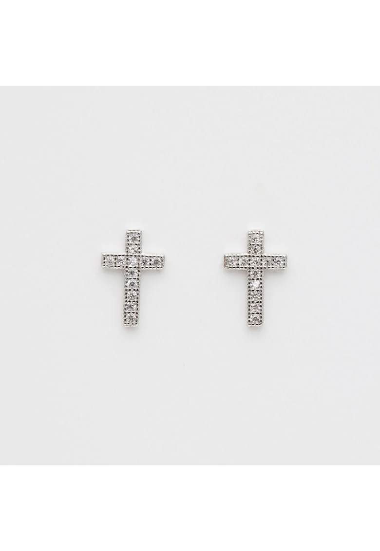 Cercei Argint  cruciulita cu cristale Zirconia, argintiu, 1.5x0.8cm
