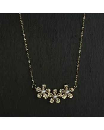 Colier Aur,  Flori cu Perle, 100% autentic, 45cm