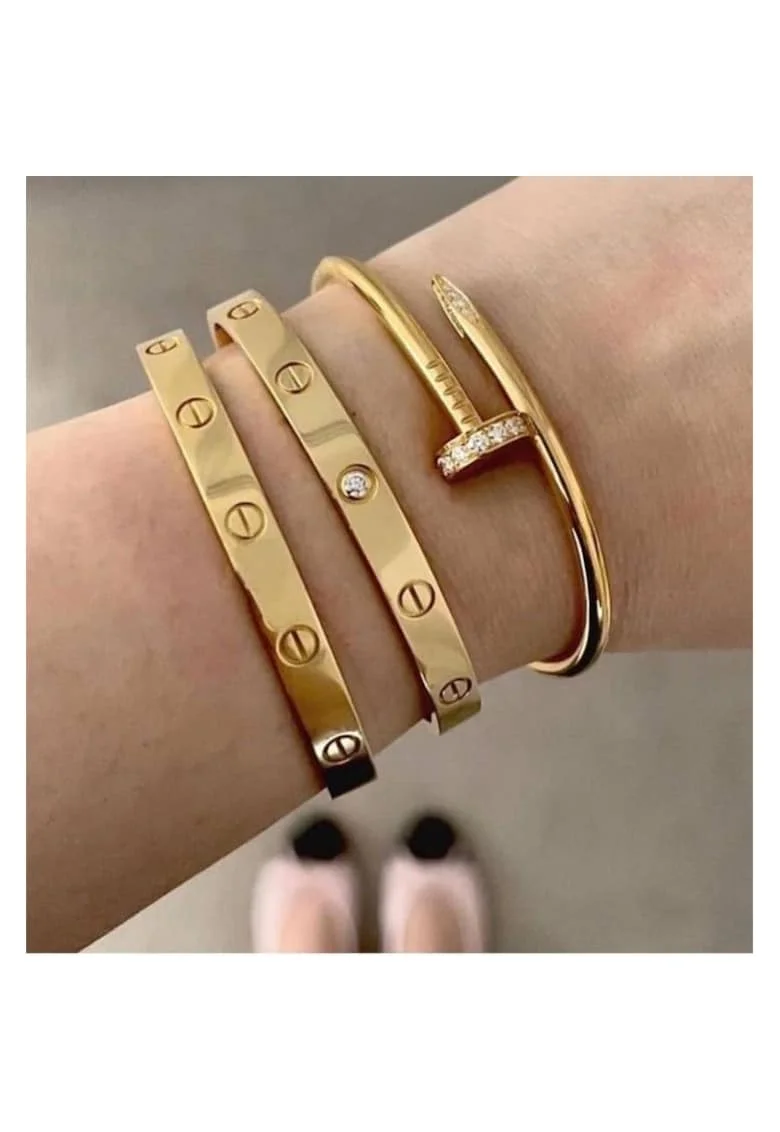 Set Bratari  LOVE si CUI, inoxidabil placat aur 14K, cristale Zirconia, 6.1mm x 6.5mm