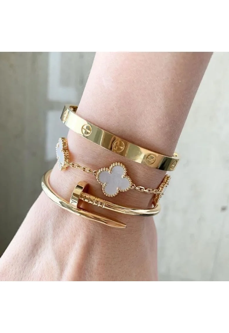 Set 3 Bratari  inoxidabil si aliaj metalic, placate cu aur 14K, alb, 18cm+4cm ajustabil