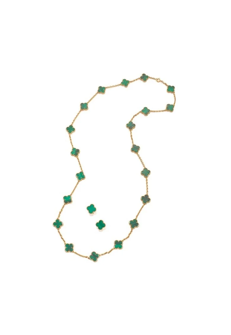 Set Bijuterii  Alhambra, colier si cercei, verde, placat cu aur de 14K, pietre semipretioase