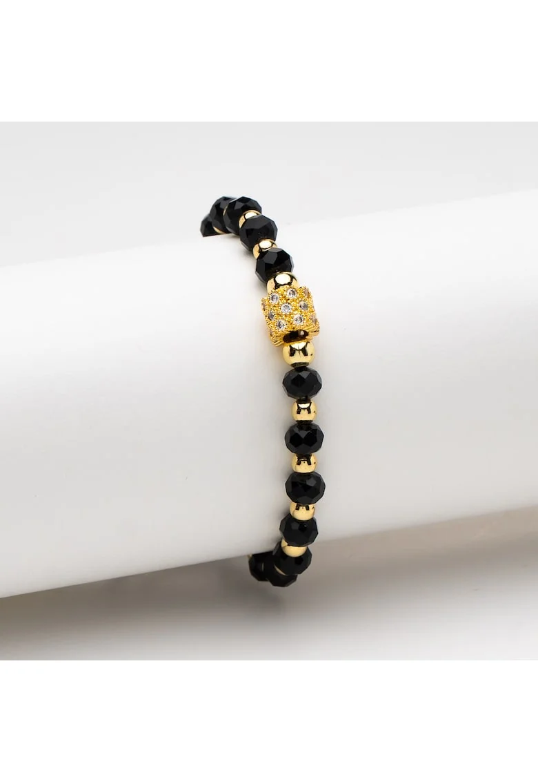 Bratara  handmade cu cristale negre si pandantiv auriu, reglabil
