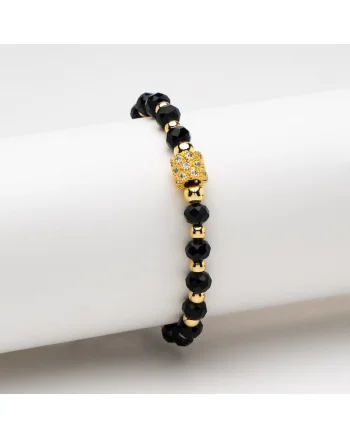 Bratara  handmade cu cristale negre si pandantiv auriu, reglabil