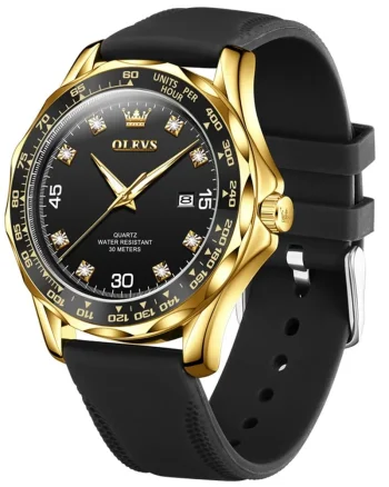 Ceas barbatesc Olevs CS1623, curea de silicon, negru-auriu, cadran negru