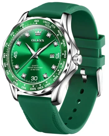Ceas barbatesc Olevs CS1624, curea de silicon, verde-argintiu, cadran verde