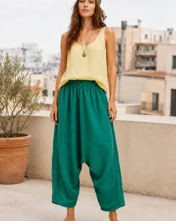 Pantaloni salvari din in cu talie elastica, verde smarald
