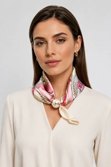 Colier-esarfa satinata cu perla si inchidere magnetica, model floral pe fond alb