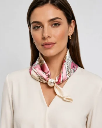 Colier-esarfa satinata cu perla si inchidere magnetica, model floral pe fond alb