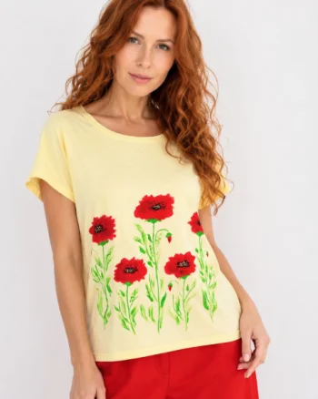Tricou din bumbac galben, pictat manual, cu maci