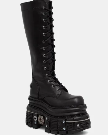 New Rock cizme pentru femei din piele ITALI NEGRO, IMPERFECT TANK NEGRO E-34