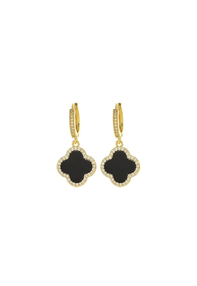Cercei aurii, din otel inoxidabil, forma de floricele negre, cu pietre din zirconiu, suflati cu aur 18k, Hansine C2