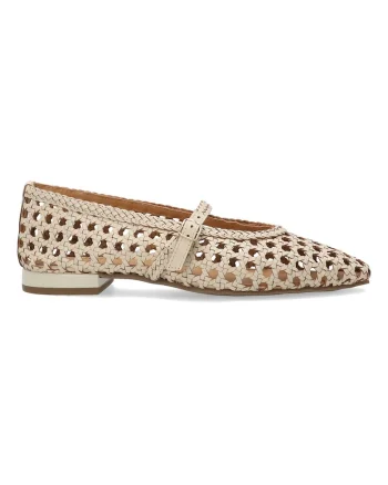Balerini Mary-Jane Din piele cu aspect impletit, Bej