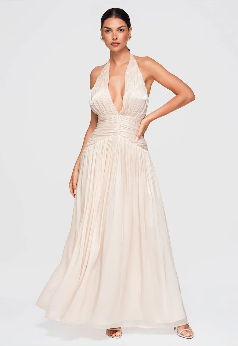 Rochie maxi eleganta cu decolteu adanc si talie marcata LA-OM-DLR414, Crem,