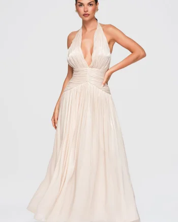 Rochie maxi eleganta cu decolteu adanc si talie marcata LA-OM-DLR414, Crem,