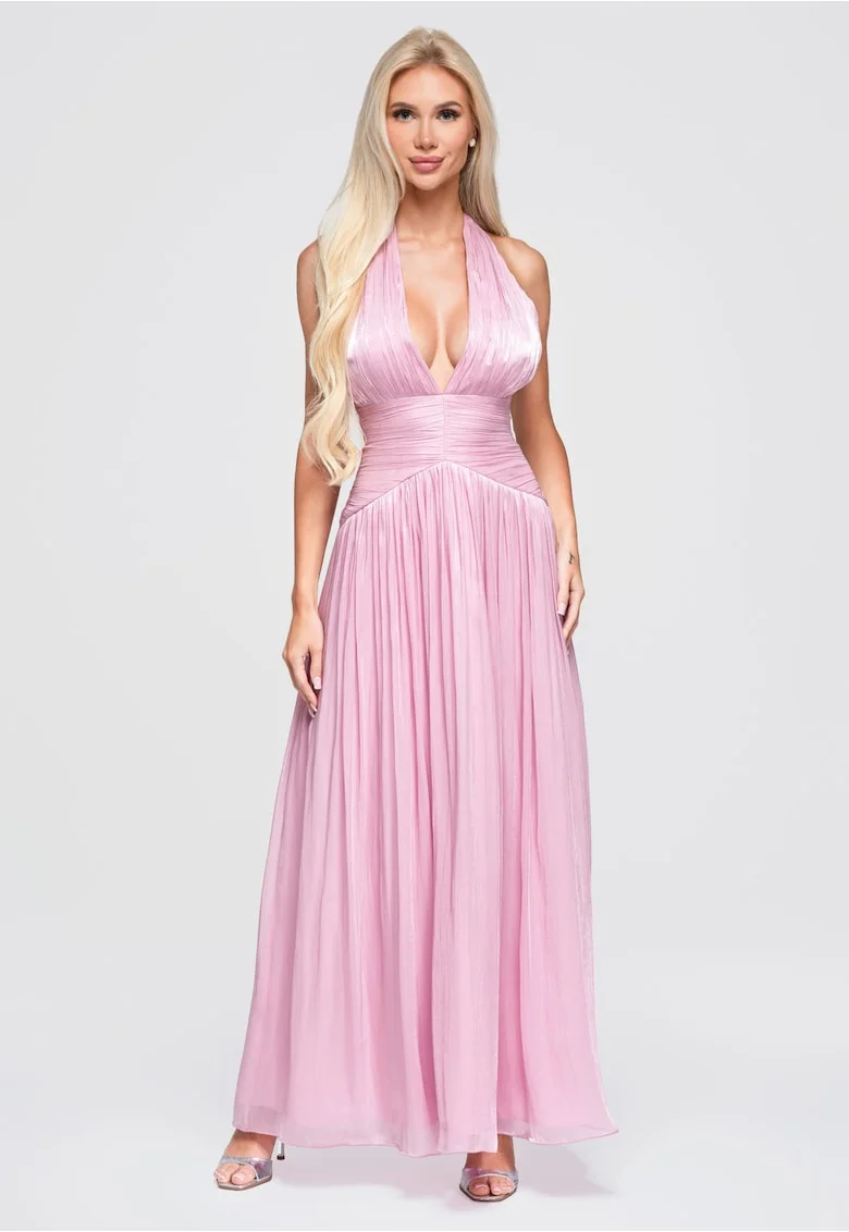 Rochie maxi eleganta cu decolteu adanc si talie marcata LA-OM-DLR414, Roz,