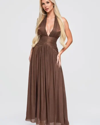 Rochie maxi eleganta cu decolteu adanc si talie marcata LA-OM-DLR414, Maro,