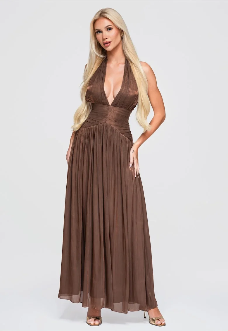 Rochie maxi eleganta cu decolteu adanc si talie marcata LA-OM-DLR414, Maro,