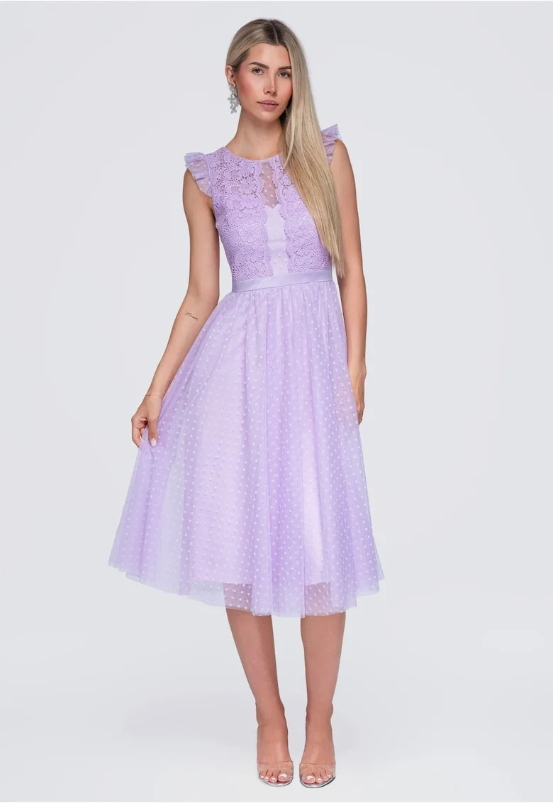 Rochie midi eleganta cu decolteu rotund si detalii din dantela LA-OM-DLR423, Mov,