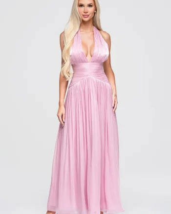 Rochie maxi eleganta cu decolteu adanc si talie marcata LA-OM-DLR414, Roz,