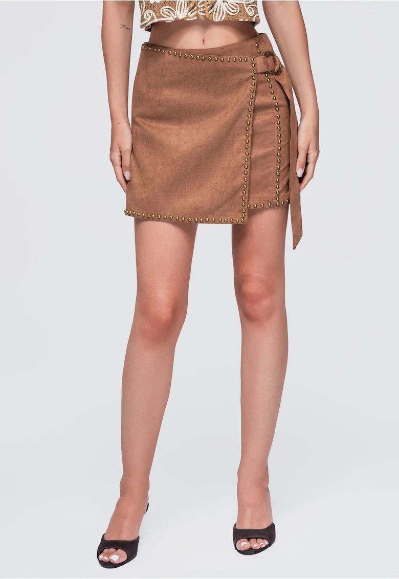 Fusta mini imitatie de piele, inalta, elastica, detalii metalice OW-GL-E0023, Camel, XS/S