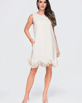 Rochie mini dama cu decolteu rotund, fason trapez, aplicatii florale LA-OM-DLR433, Bej,