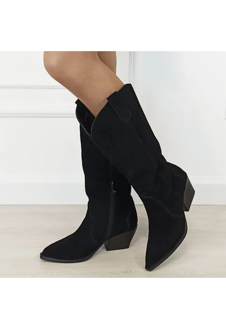 Cizme negre din piele naturala cu toc comod 6396 113 18666, Negru