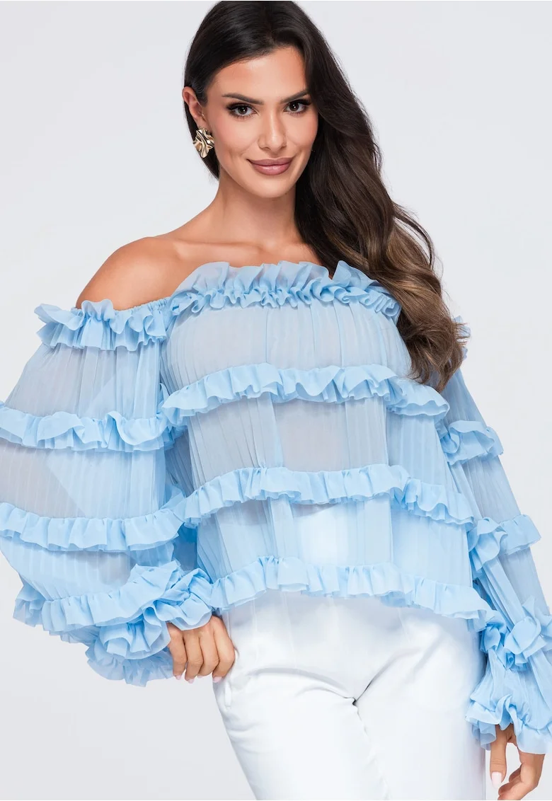 Bluze dama scurta cu decolteu off-the-shoulder, maneci largi, fit lejer OW-TS-E0081, Albastru