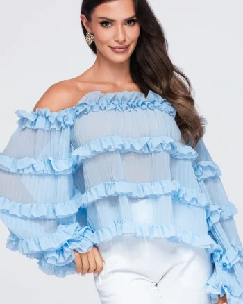 Bluze dama scurta cu decolteu off-the-shoulder, maneci largi, fit lejer OW-TS-E0081, Albastru