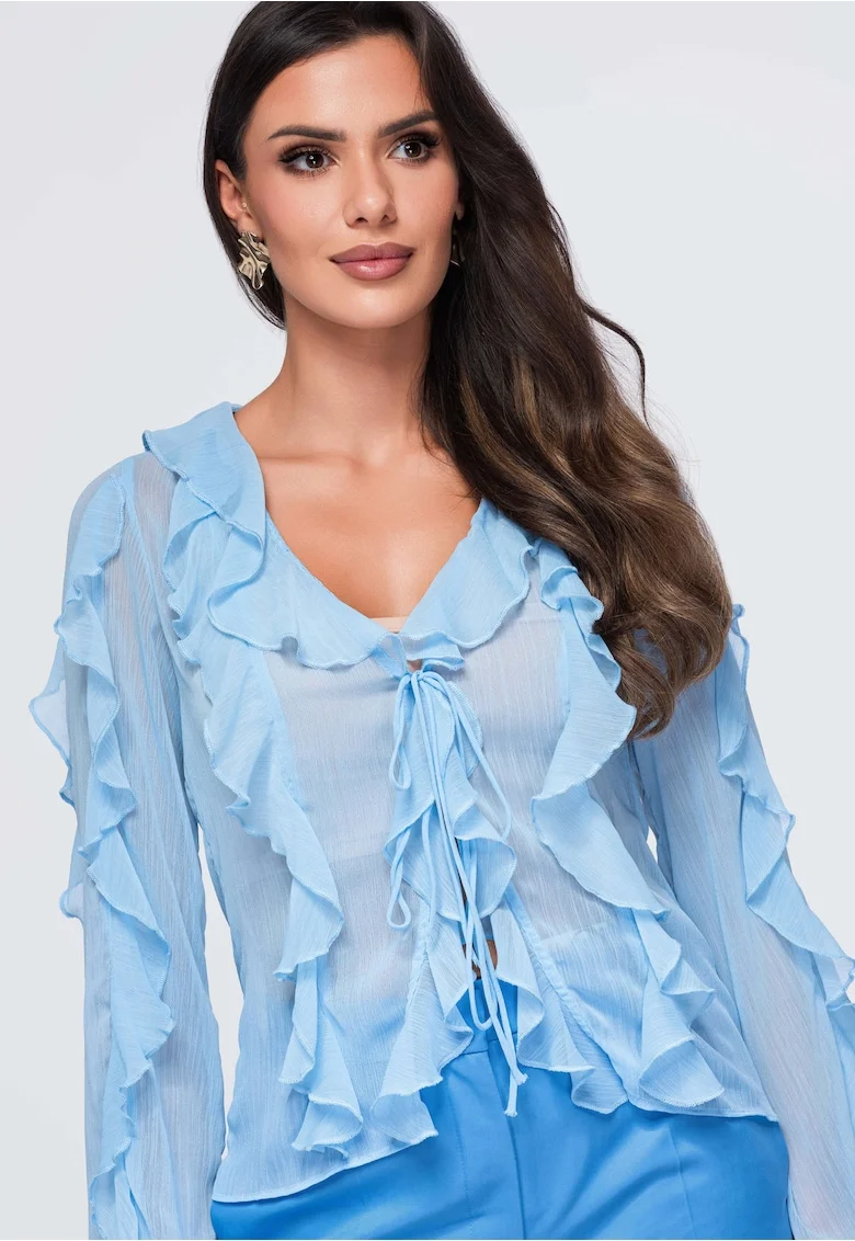 Bluza dama cu decolteu V, maneci lungi, fason lejer, material semi-transparent OW-TS-E0078, Albastru