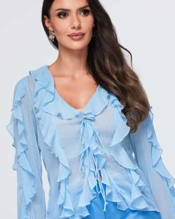 Bluza dama cu decolteu V, maneci lungi, fason lejer, material semi-transparent OW-TS-E0078, Albastru