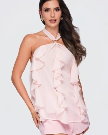 Bluze dama cu decolteu in V, fason lejer, fara maneci OW-TS-E0077, Roz