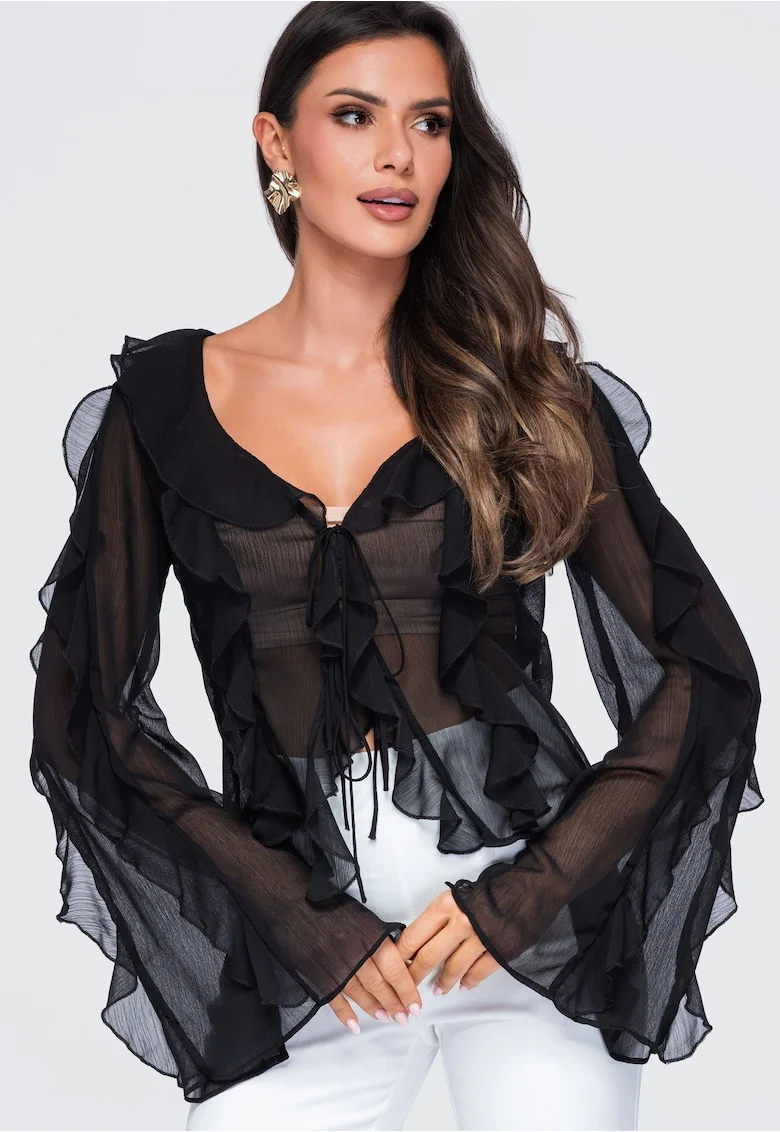 Bluza dama cu decolteu V, maneci lungi, fason lejer, material semi-transparent OW-TS-E0078, Negru