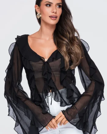Bluza dama cu decolteu V, maneci lungi, fason lejer, material semi-transparent OW-TS-E0078, Negru