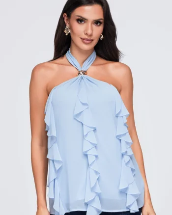 Bluze dama cu decolteu in V, fason lejer, fara maneci OW-TS-E0077, Albastru