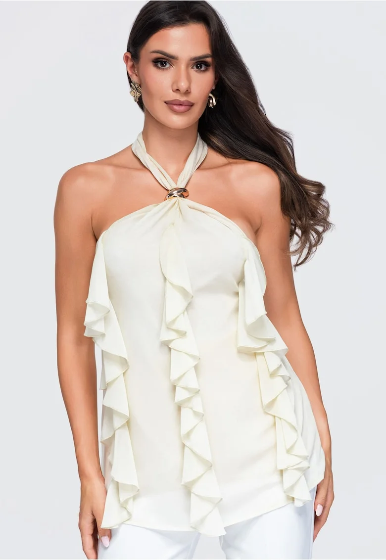 Bluze dama cu decolteu in V, fason lejer, fara maneci OW-TS-E0077, Bej