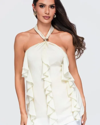 Bluze dama cu decolteu in V, fason lejer, fara maneci OW-TS-E0077, Bej