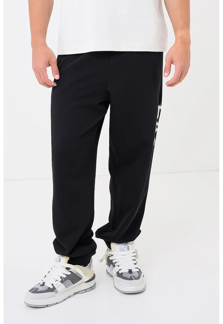 Pantaloni de trening relaxed fit cu imprimeu logo lateral, Black Onyx
