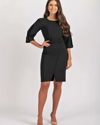 Rochie office neagra cu aspect petrecut si cordon detasabil
