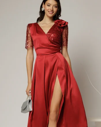 Rochie midi bordo de ocazie din tafta si paiete