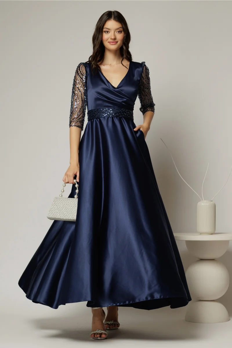 Rochie Adria lunga bleumarin cu cordon in talie