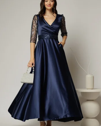 Rochie Adria lunga bleumarin cu cordon in talie