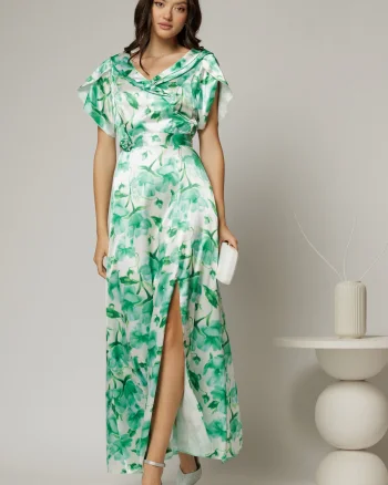 Rochie lunga de ocazie din satin cu imprimeuri verzi